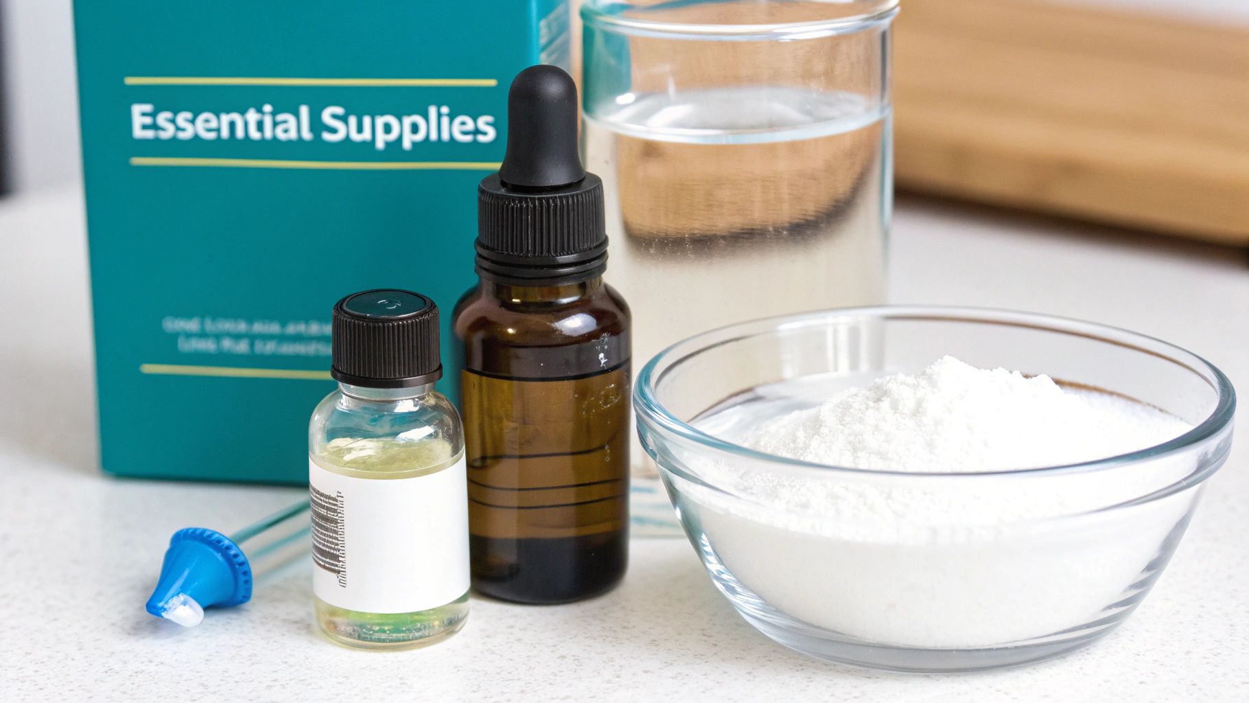 Close-up of a glass dropper bottle, a small bowl with white powder, and measuring spoons on a clean surface
