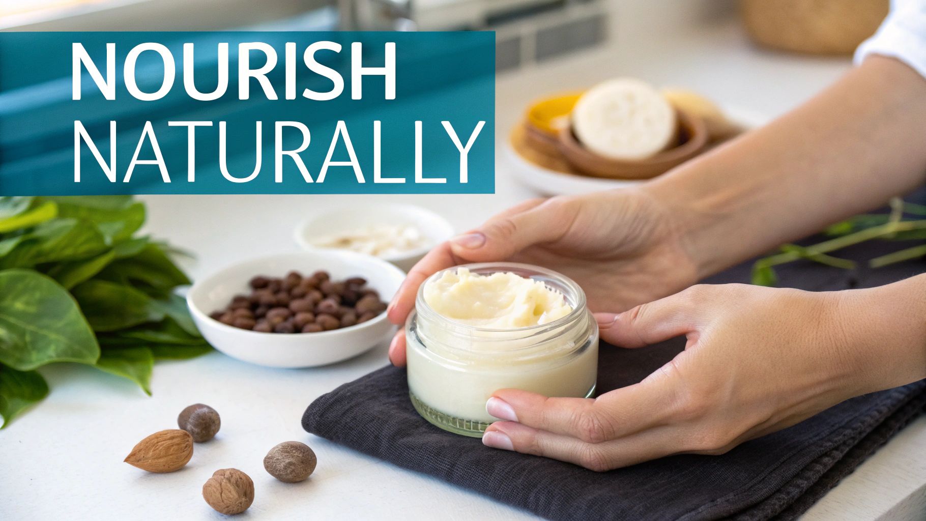 Hands holding a jar of natural body butter, surrounded by ingredients like nuts and green leaves.