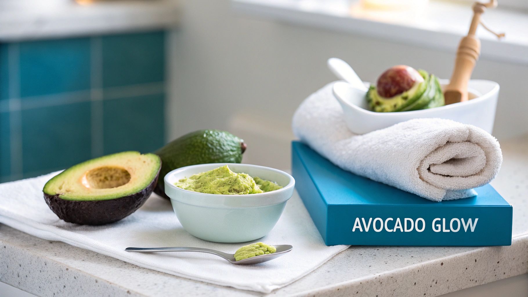 Close-up of a fresh green avocado split in half next to a bowl of mashed avocado mask