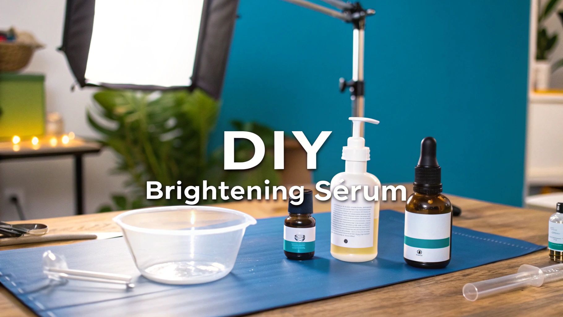 Ingredients and tools for a DIY brightening serum, including bottles, a bowl, and utensils on a table.