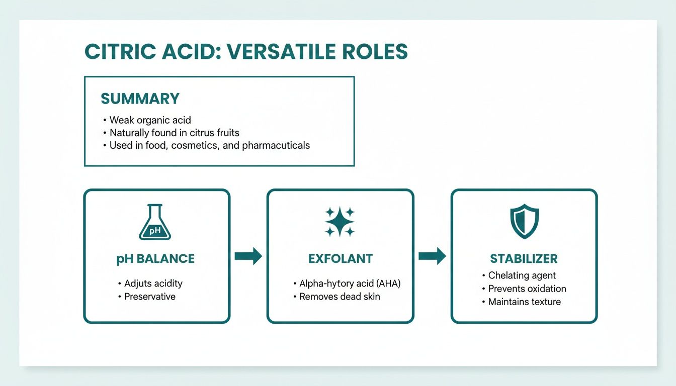 Infographic illustrating citric acid's versatile roles: pH balance, exfoliant, and stabilizer in various applications.