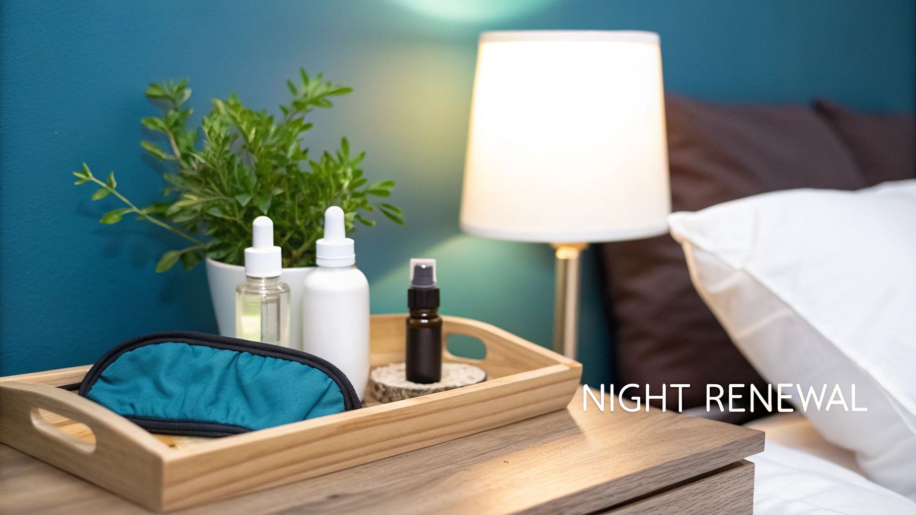 A bedside table with clean beauty products, a plant, eye mask, and lamp for a night routine.