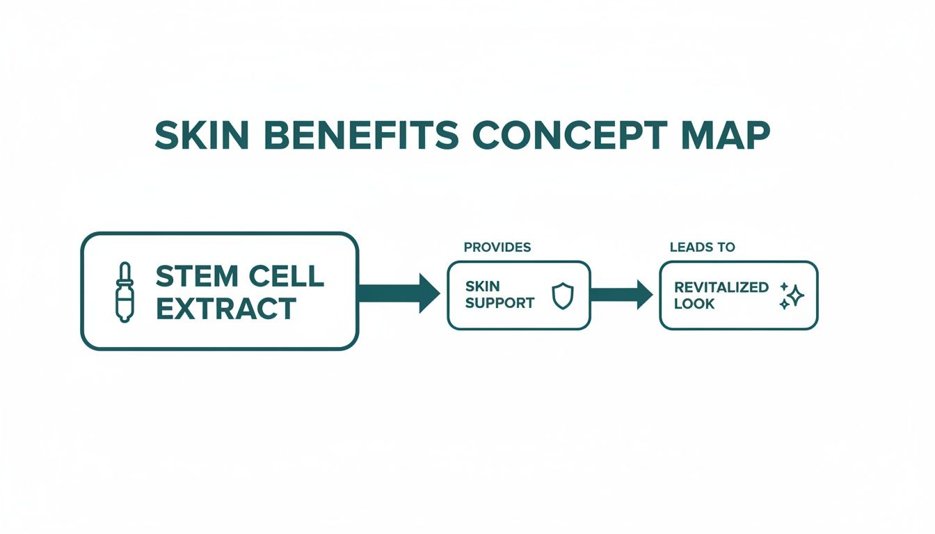 A concept map showing how stem cell extract provides skin support for a revitalized look.