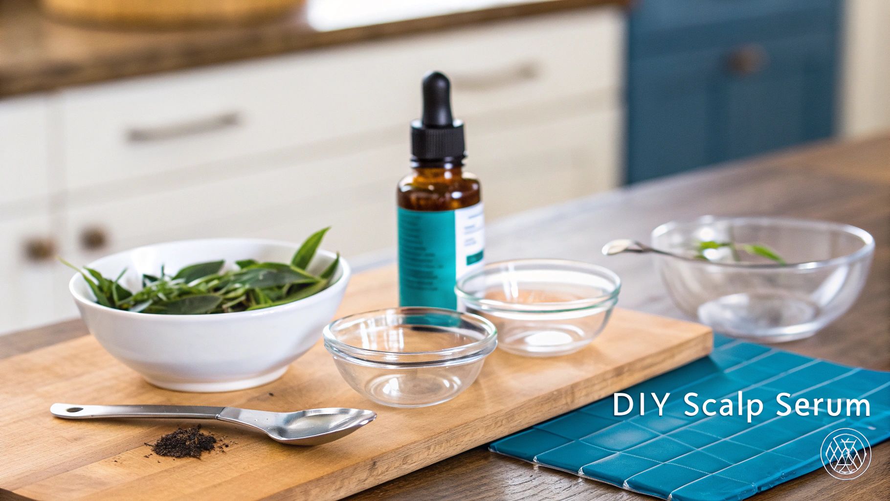 Ingredients for a homemade scalp serum with fresh leaves, a dropper bottle, and small bowls on a wooden board.