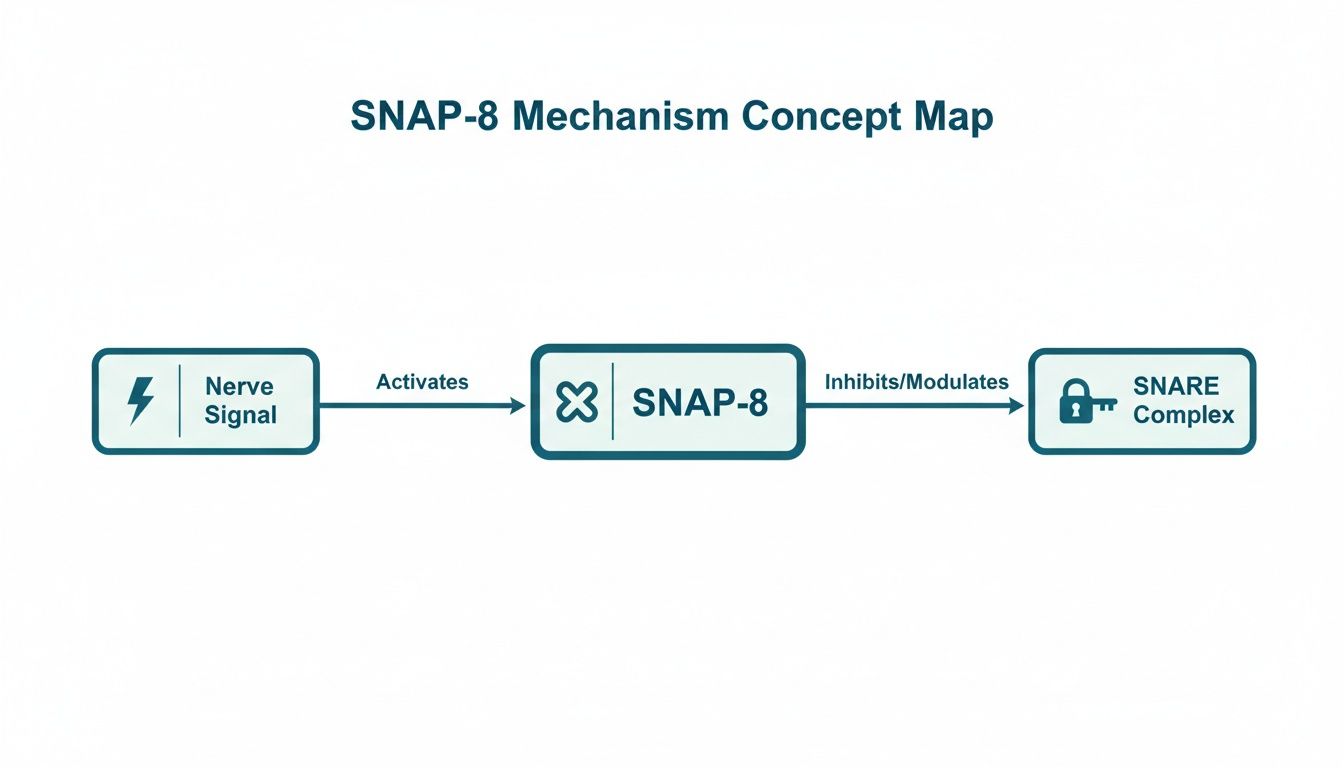 Concept map showing SNAP-8 mechanism: Nerve signal activates SNAP-8, inhibiting SNARE Complex.