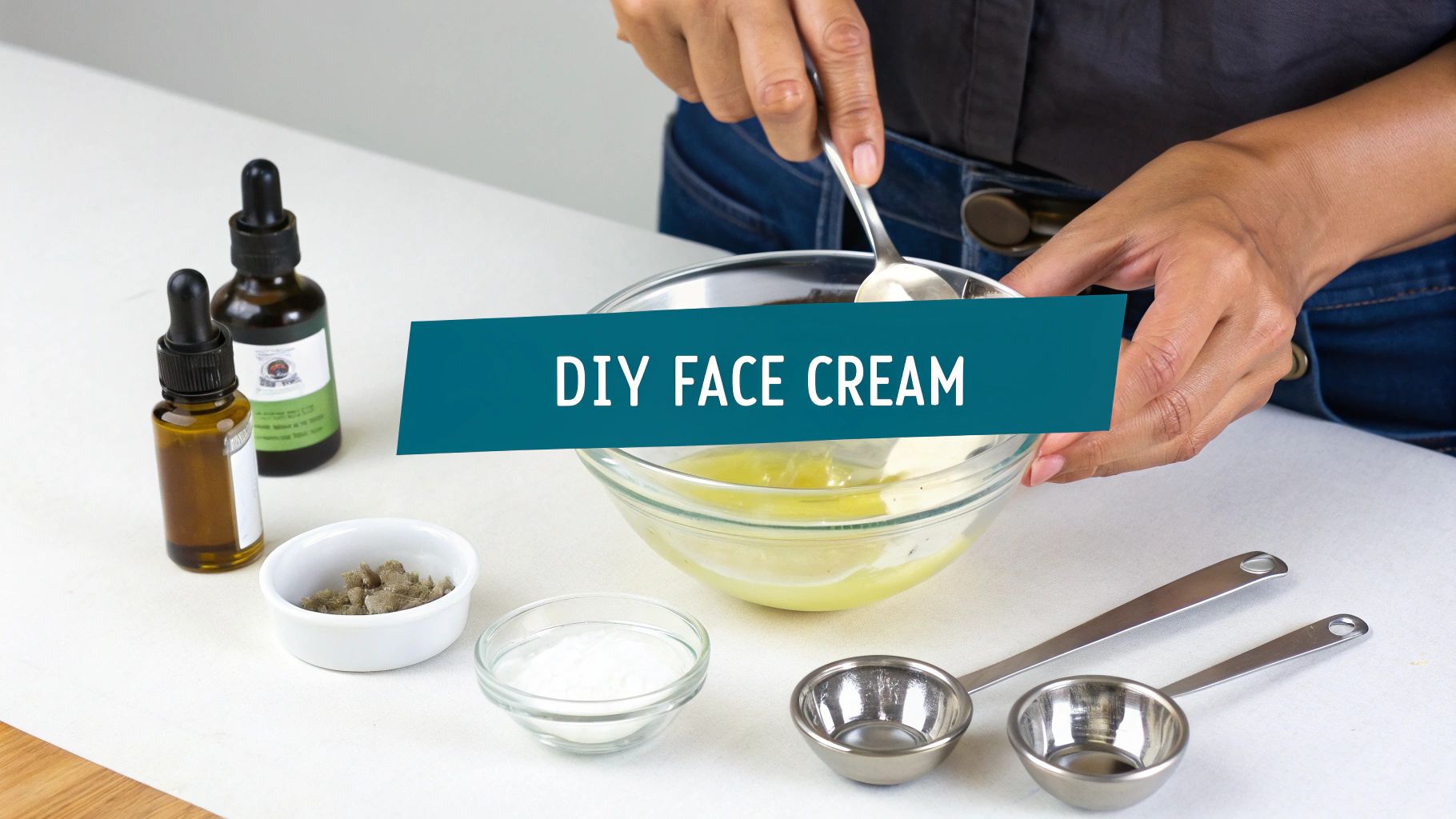 A person mixing ingredients in a bowl for DIY face cream, with bottles and small dishes on a table.