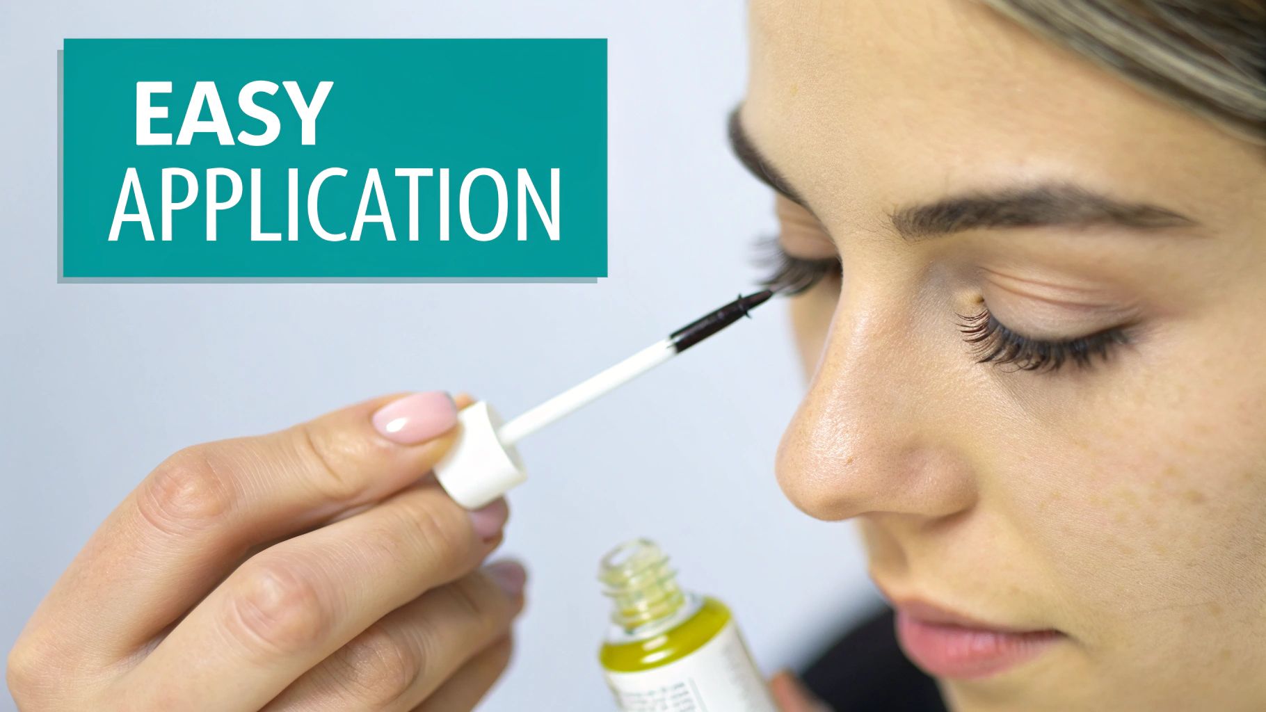 Close-up of a person applying a clear serum to their long eyelashes with a brush, featuring 'EASY APPLICATION'.