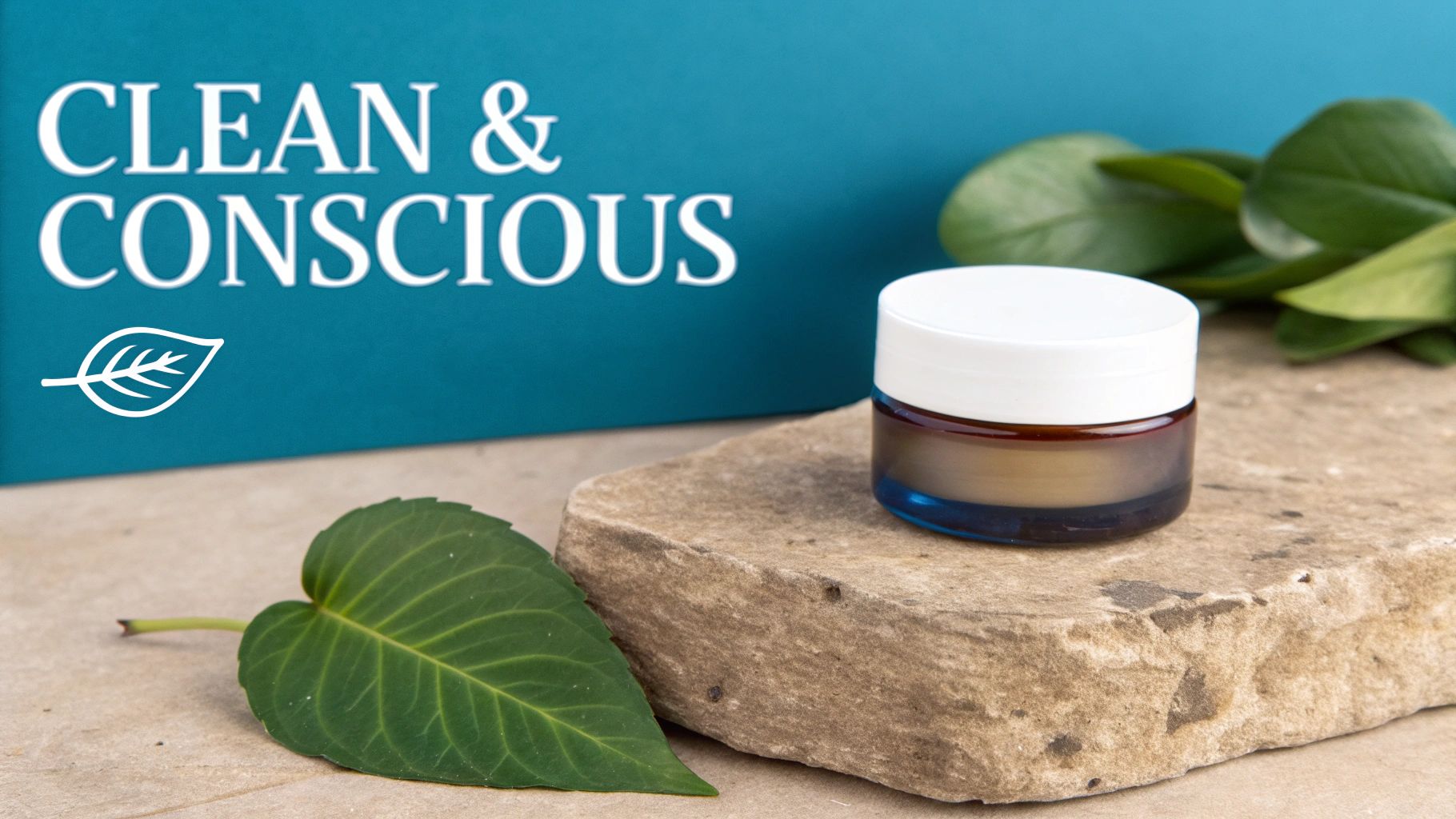 A brown and blue skincare jar with a white lid rests on a stone, beside green leaves and a 'CLEAN & CONSCIOUS' sign.