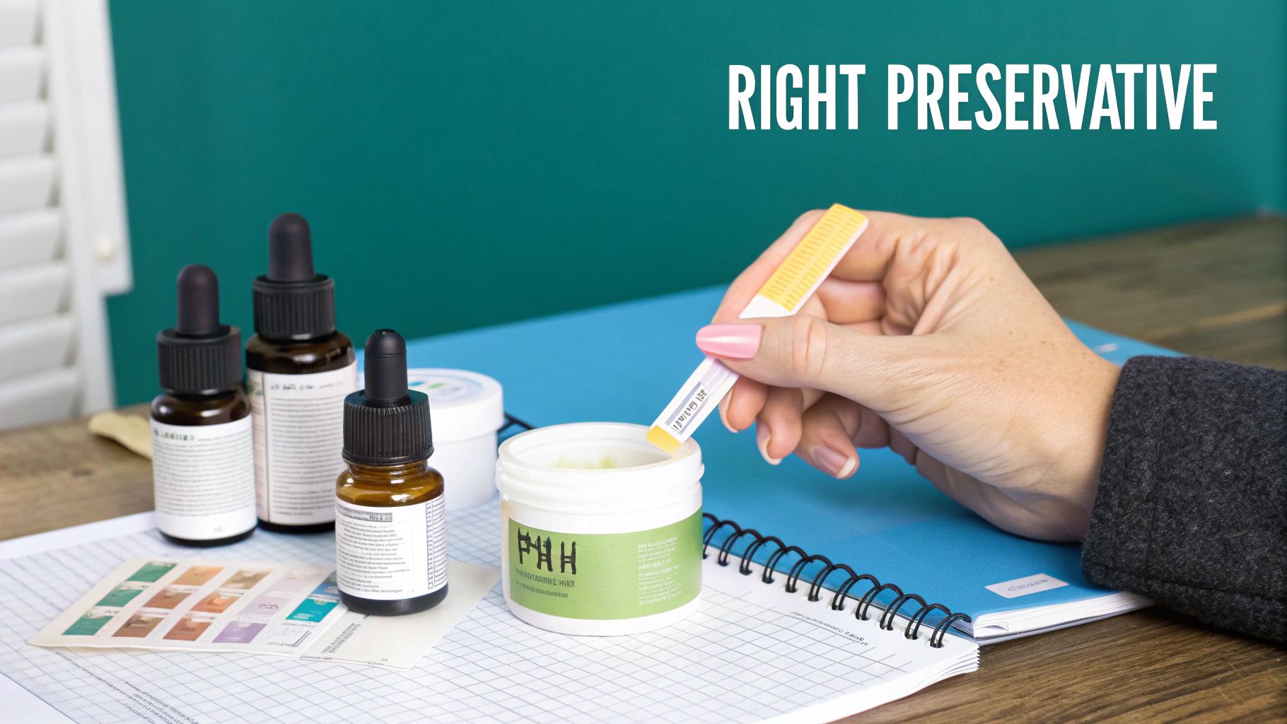 A person carefully measuring ingredients into a beaker for a cosmetic formulation.