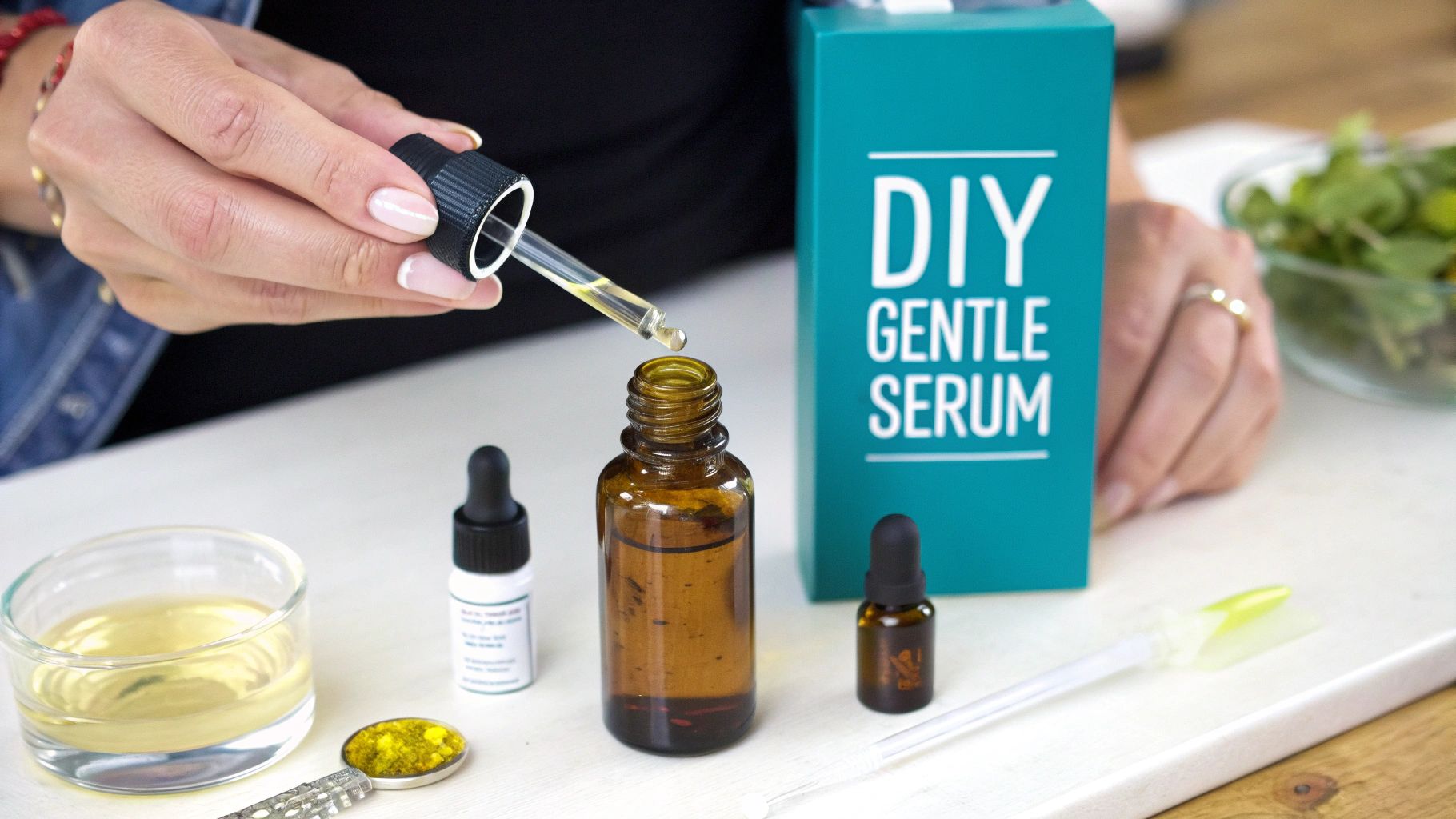A person uses a dropper to add liquid to a brown bottle for DIY gentle serum.