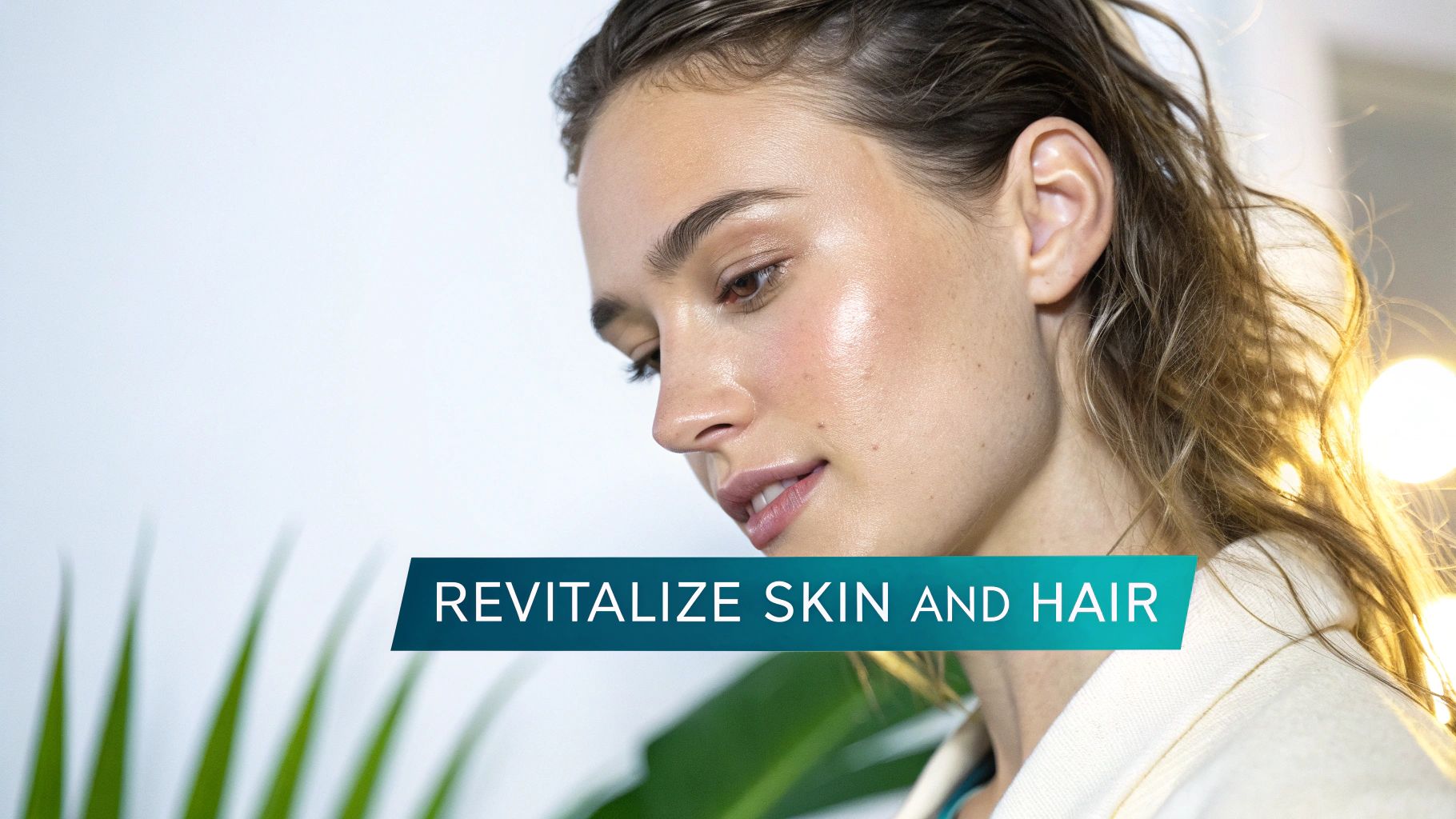 A woman with glowing, dewy skin and healthy, wet hair, with text 'REVITALIZE SKIN AND HAIR'.