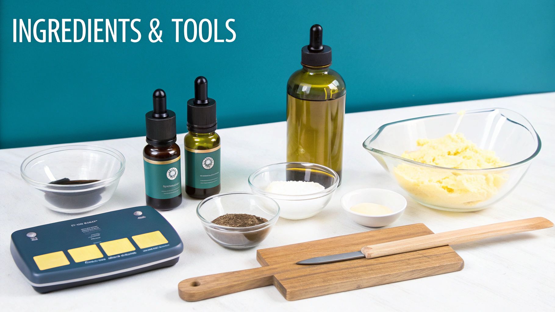 Various ingredients like oils, powders, and butter, along with tools like a scale and spatulas for making face creams.