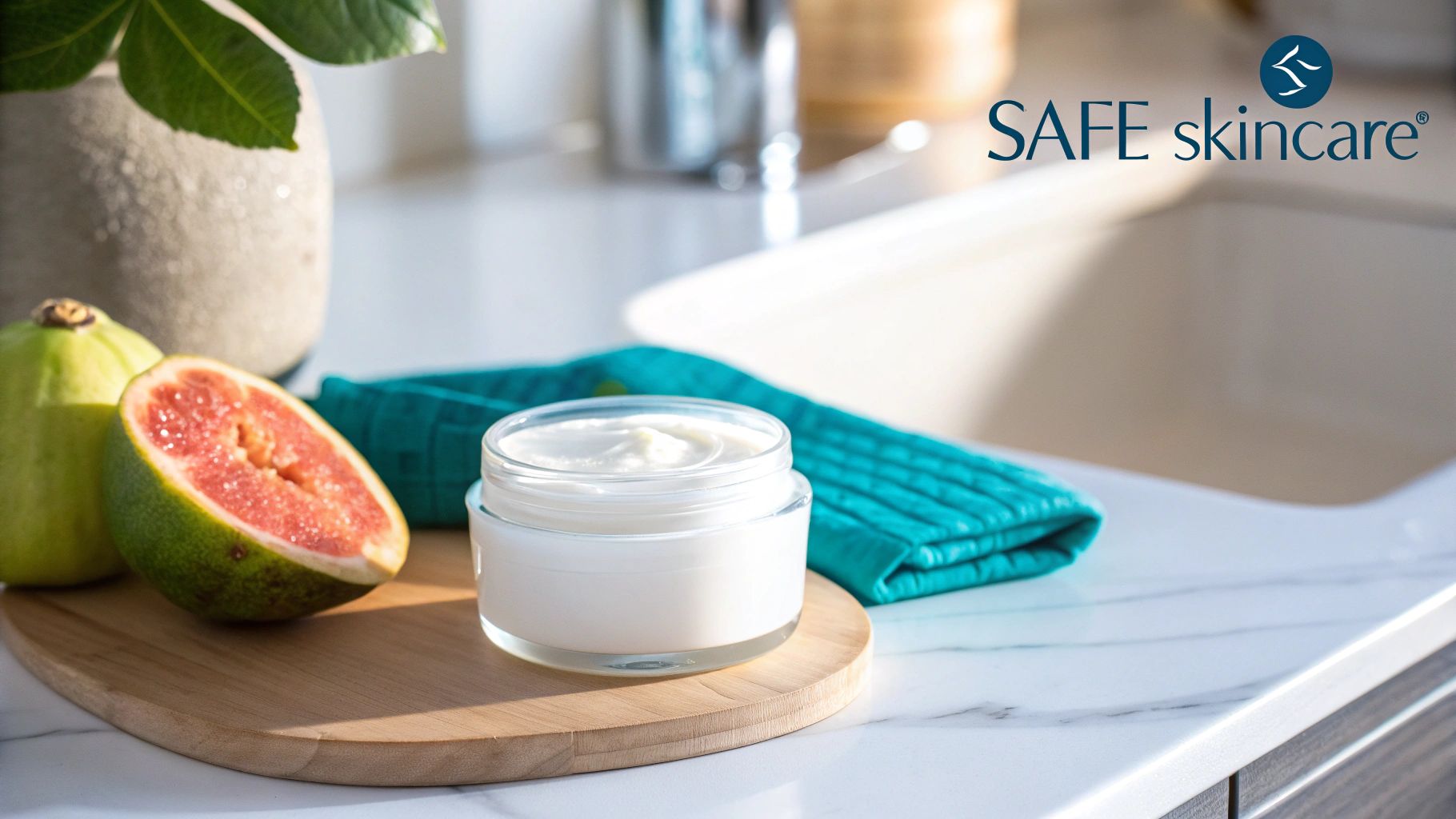 A jar of natural skincare cream, grapefruit, and green fruit on a counter with a teal towel.