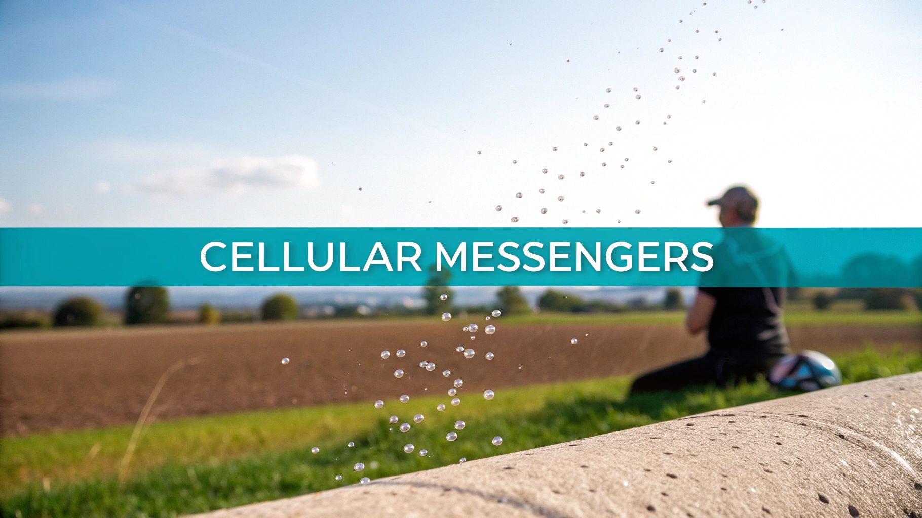 A banner with 'CELLULAR MESSENGERS' over a blurry outdoor scene with water droplets and a person.