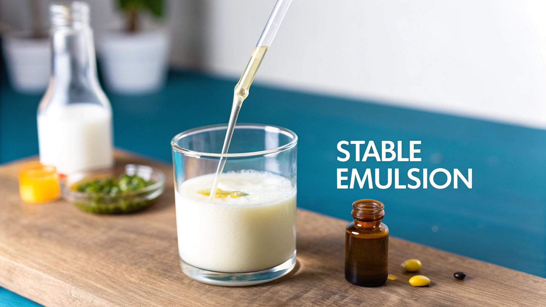 A pipette drips golden liquid into a glass of white liquid, illustrating a stable emulsion.