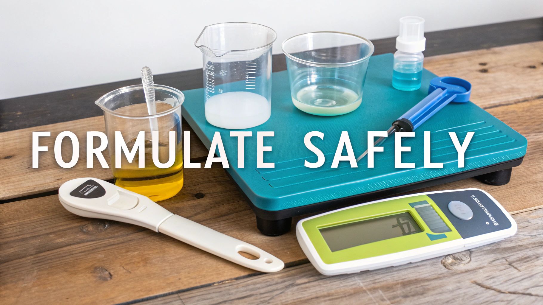 Various lab tools, beakers with liquids, and a scale on a wooden surface, with text 'Formulate Safely'.