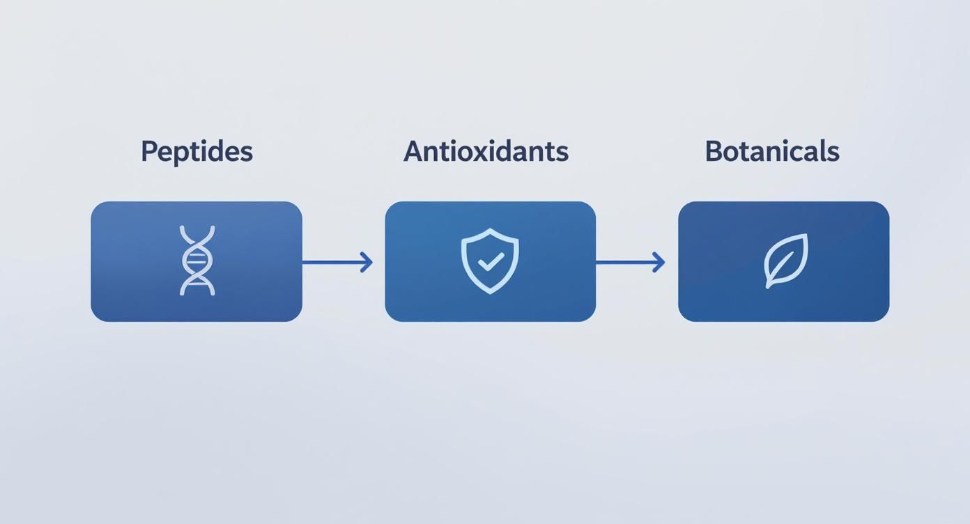 Visual representation of peptides, antioxidants, and botanicals as key cosmetic raw ingredients.