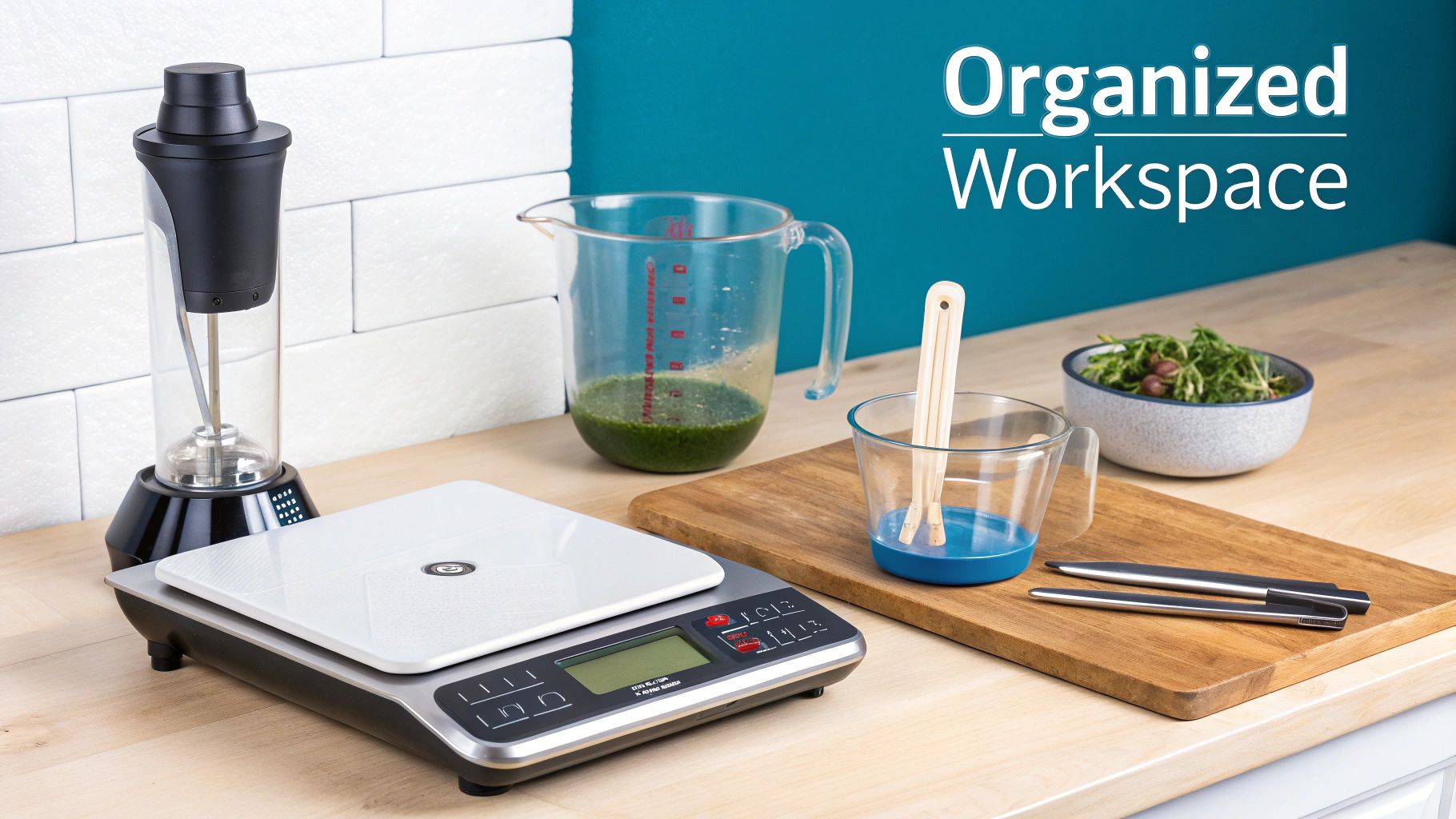 A clean and organized workspace with beakers, a digital scale, and bottles for DIY skincare.