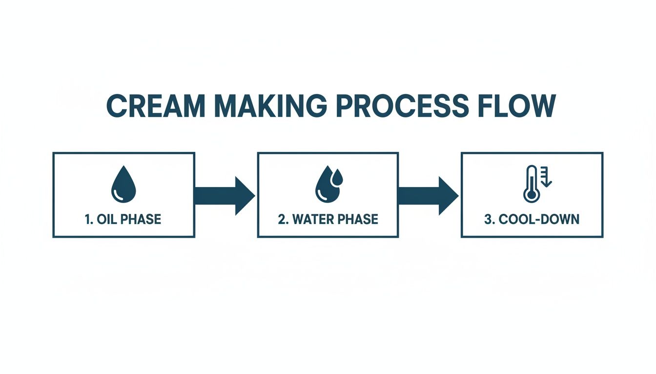 A flowchart illustrates the cream making process, detailing steps: oil phase, water phase, and cool-down.
