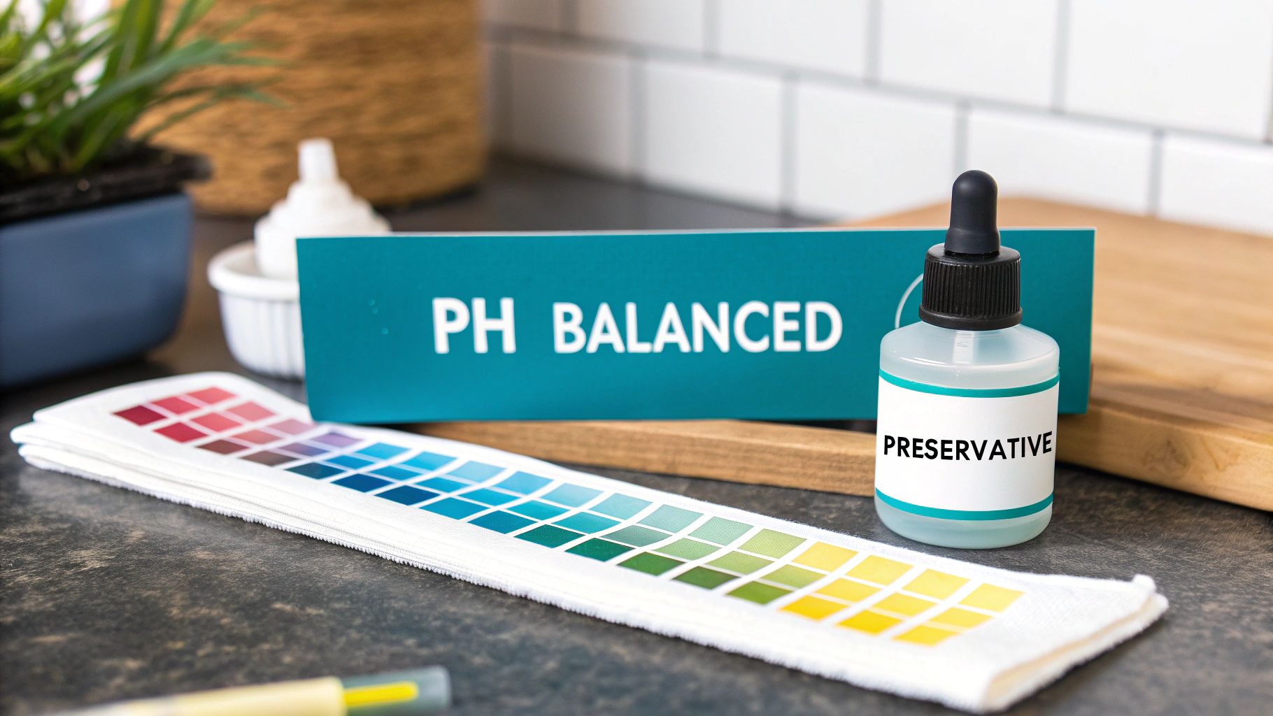 A 'PH BALANCED' sign, a 'PRESERVATIVE' bottle, and a colorful pH test strip.