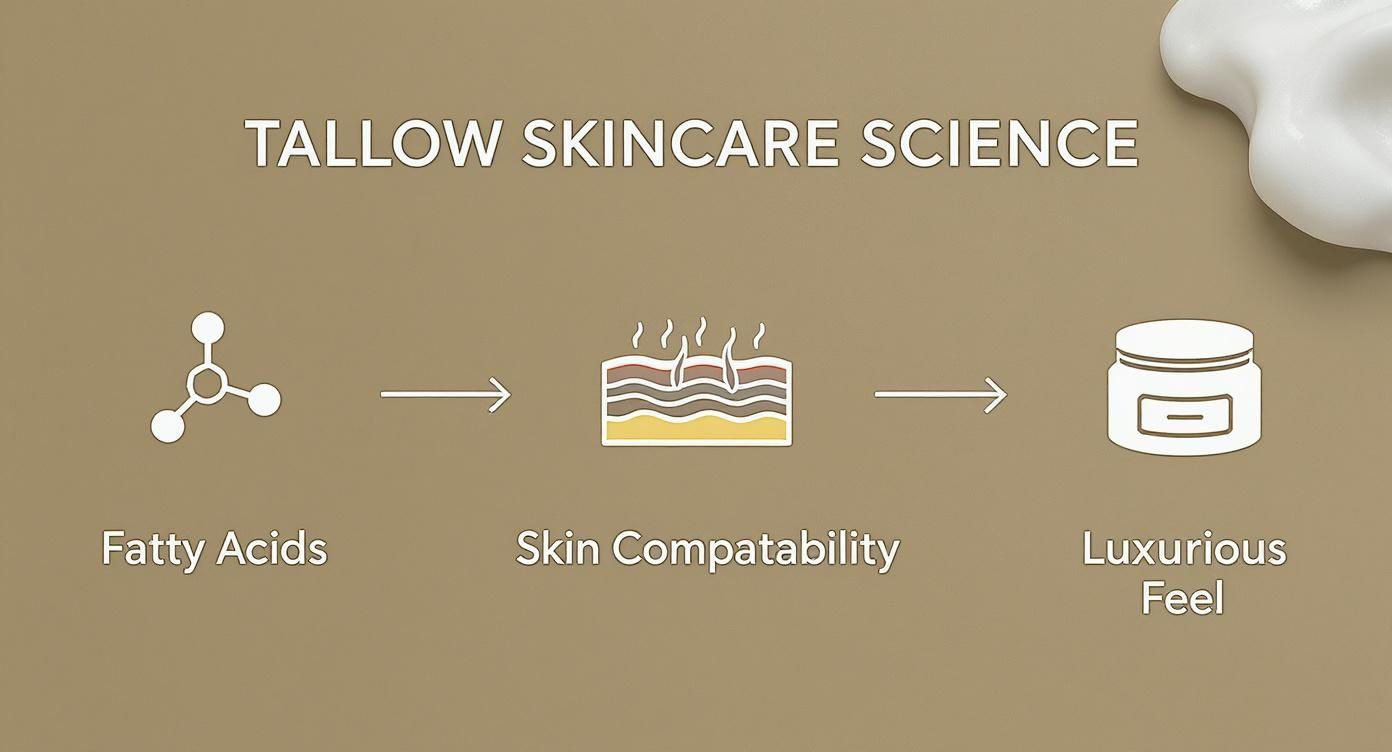 Infographic showing the process flow of Tallow Skincare Science, from Fatty Acids to Skin Compatibility to a Luxurious Feel.