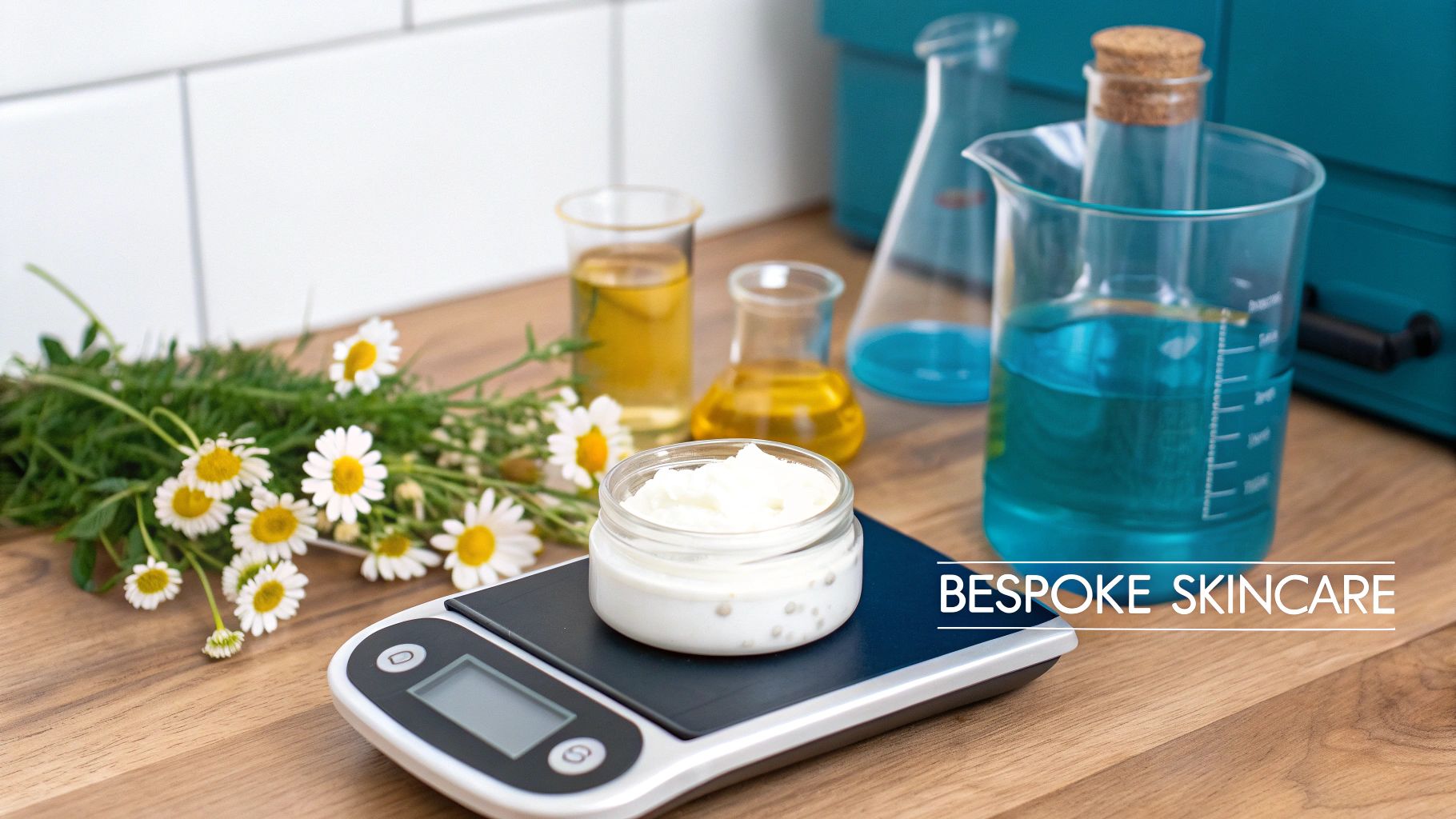 A jar of handmade face cream on a digital scale, surrounded by chamomile flowers and lab beakers.