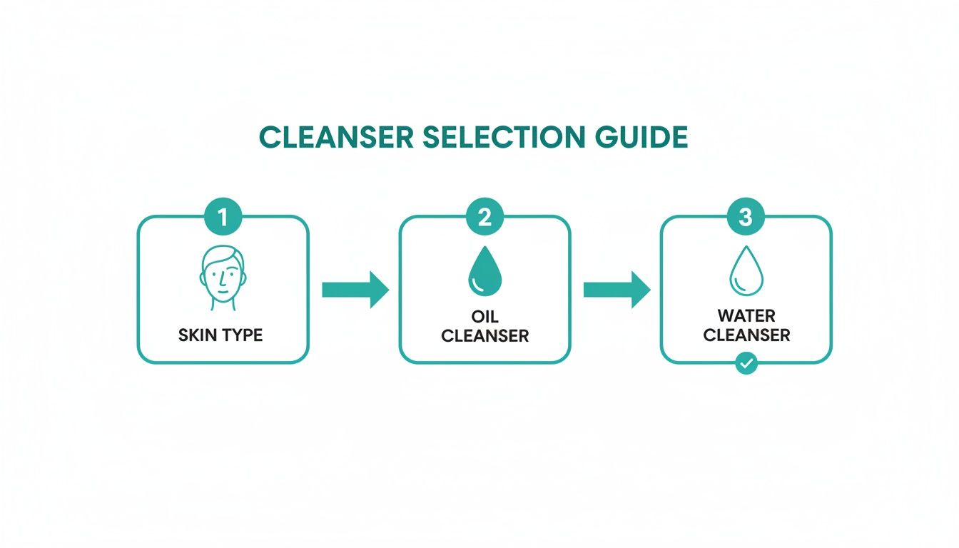 A cleanser selection guide flowchart showing three steps: skin type, followed by oil cleanser, then water cleanser.
