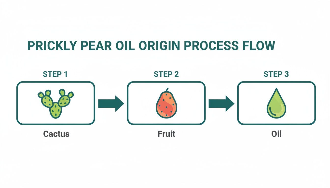 Process flow diagram illustrating prickly pear oil origin, from cactus plant to fruit and finally to oil.