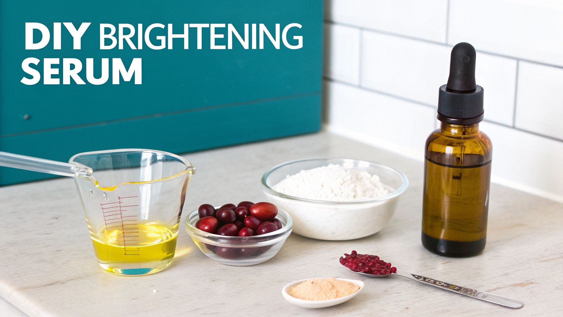 Ingredients for a DIY brightening serum, including oil, cranberries, powders, and a dropper bottle on a countertop.