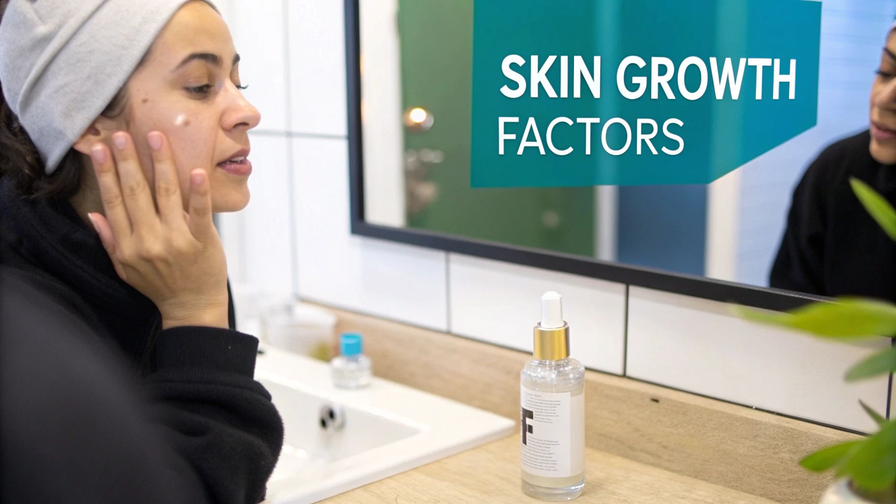 Magnified view of a skincare product being applied, symbolizing the science of growth factors.