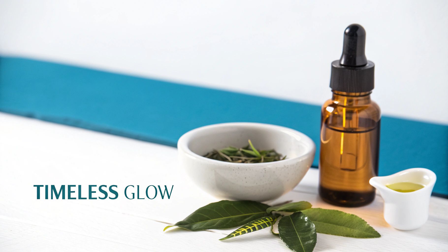 Natural skincare products: dropper bottle, green leaves, and oil for a timeless glow.
