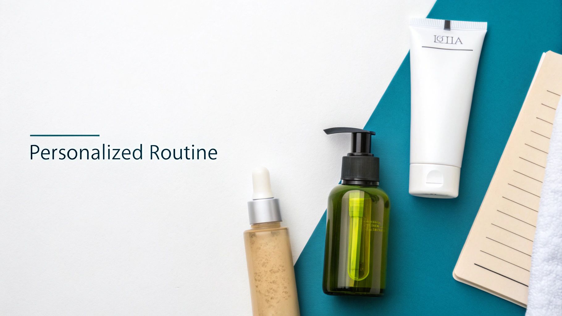Skincare products including bottles and a tube with a notebook and towel on a white and teal surface.