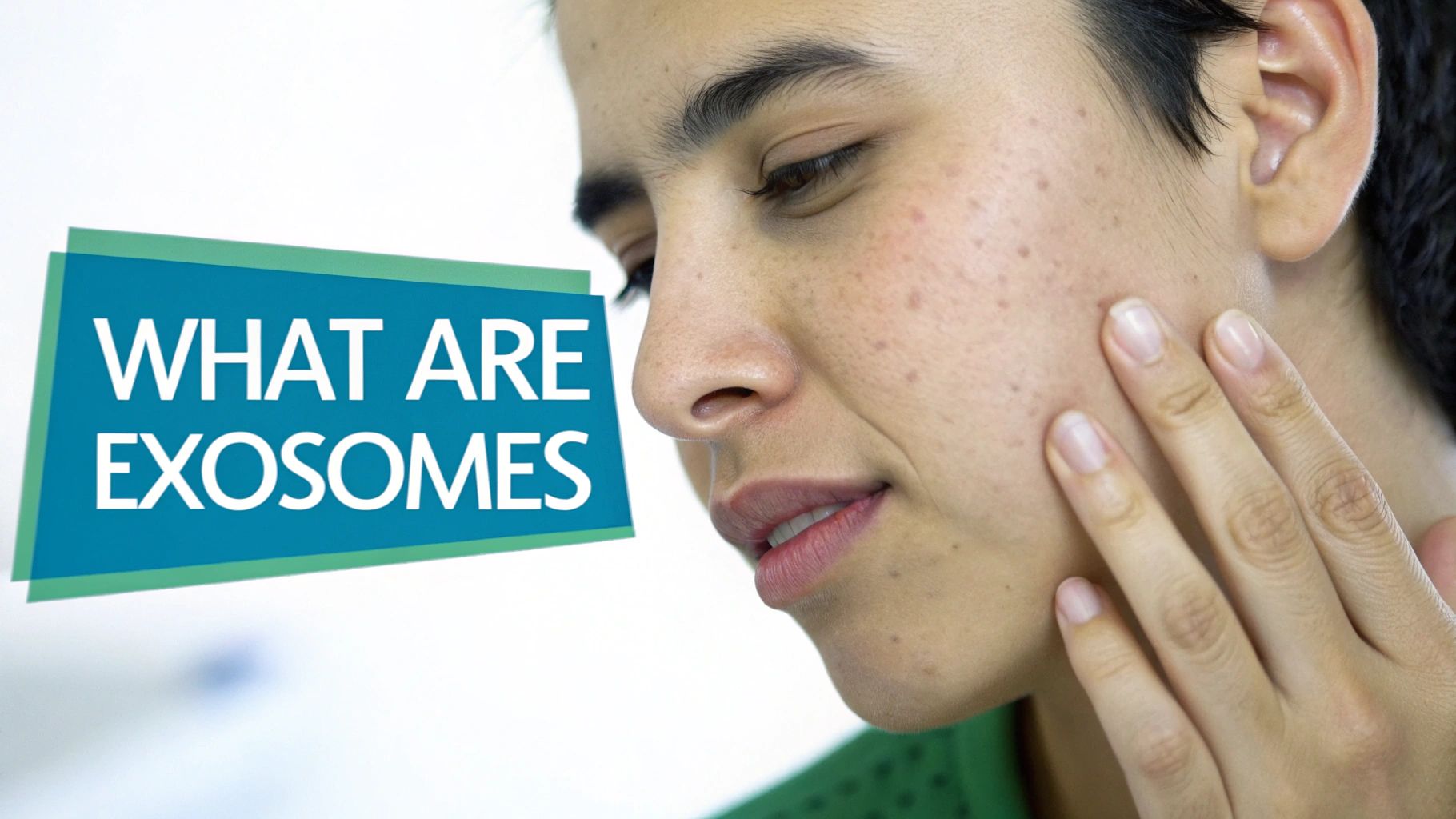 A woman with skin blemishes gently touches her face, with a banner asking 'What are exosomes?'