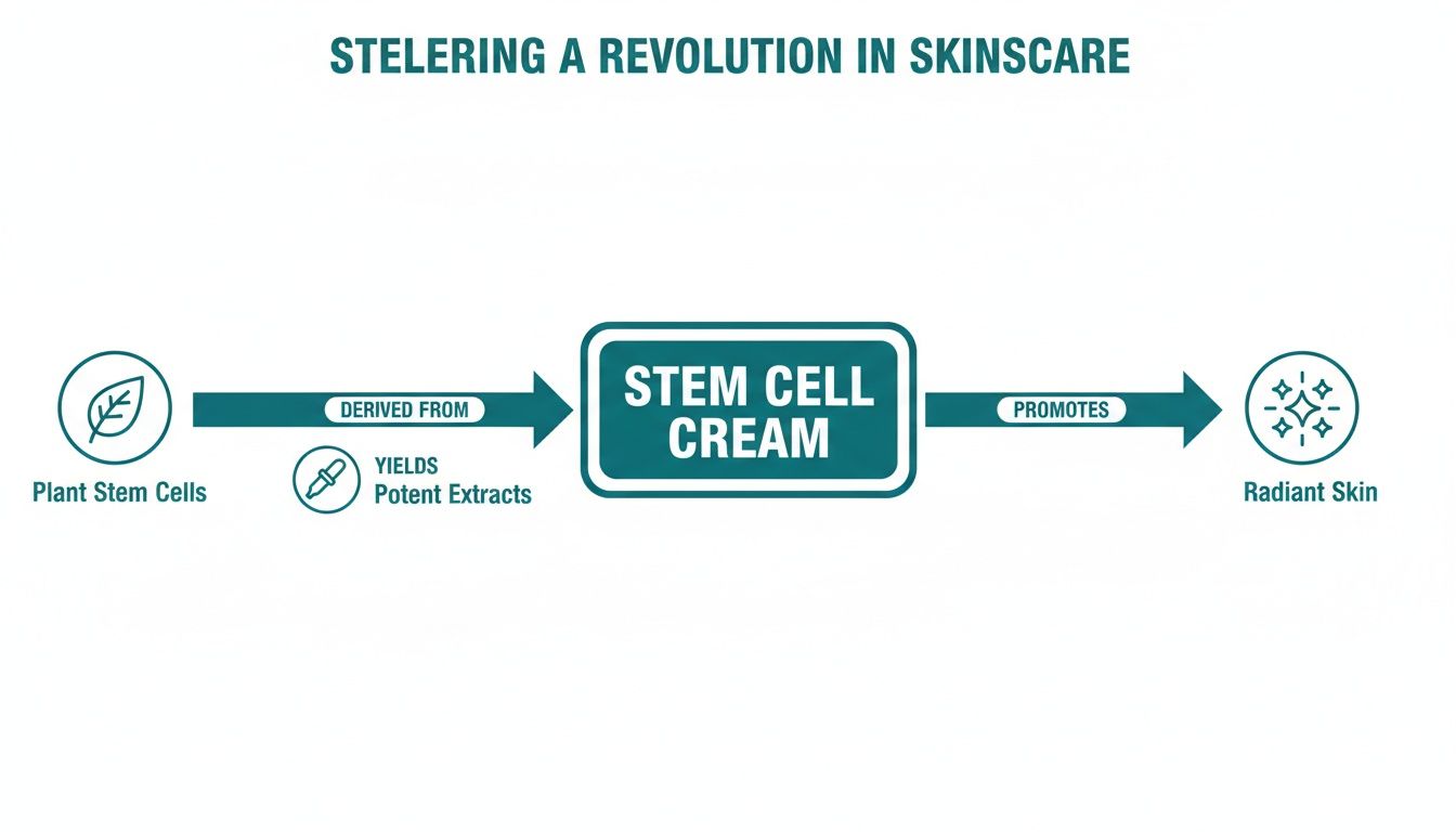 An infographic shows plant stem cells yielding potent extracts, which are derived into stem cell cream to promote radiant skin.
