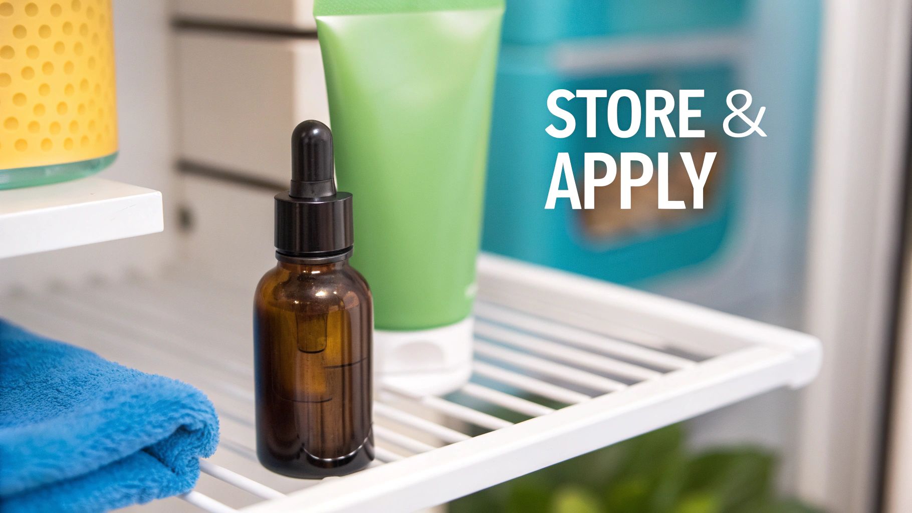 A dark blue glass dropper bottle next to fresh citrus fruits on a clean, modern surface.
