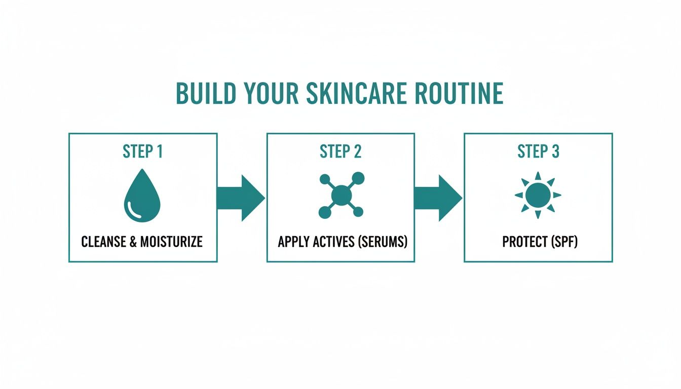 Visual guide outlining a three-step skincare routine: cleanse & moisturize, apply actives/serums, and protect with SPF.