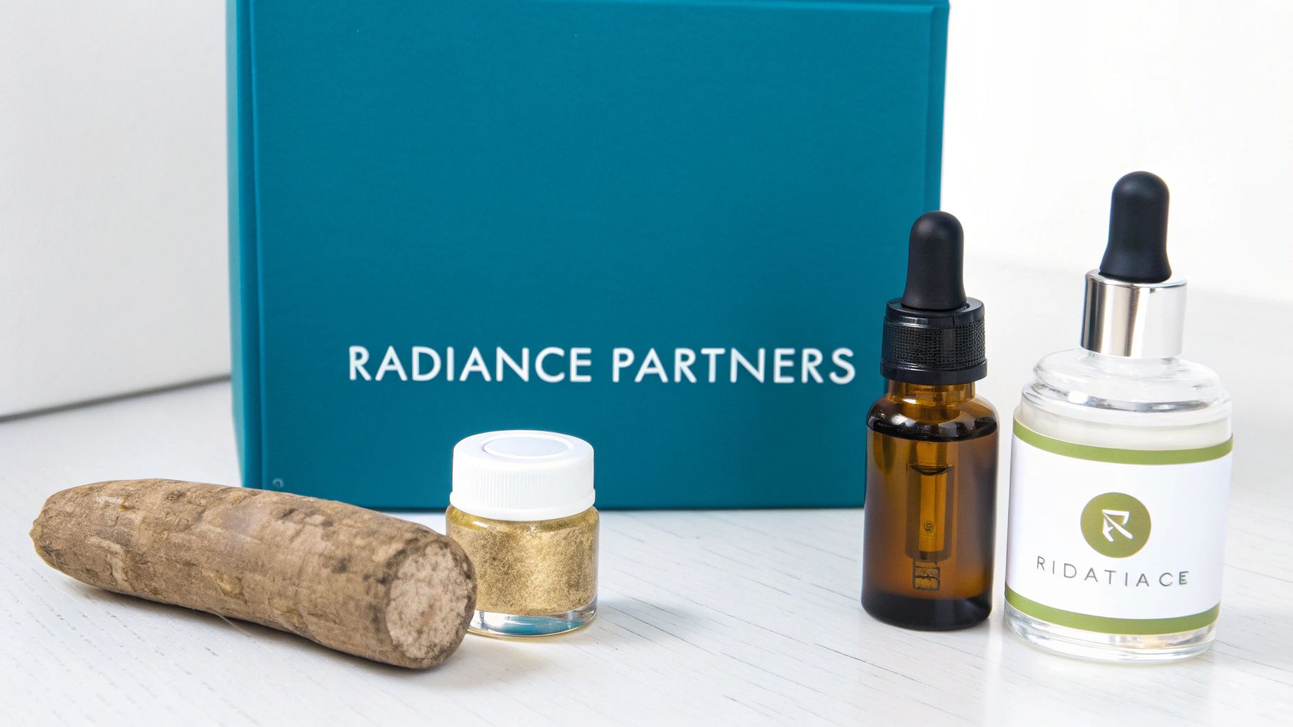 Three cosmetic bottles with different ingredients, symbolizing synergistic pairings