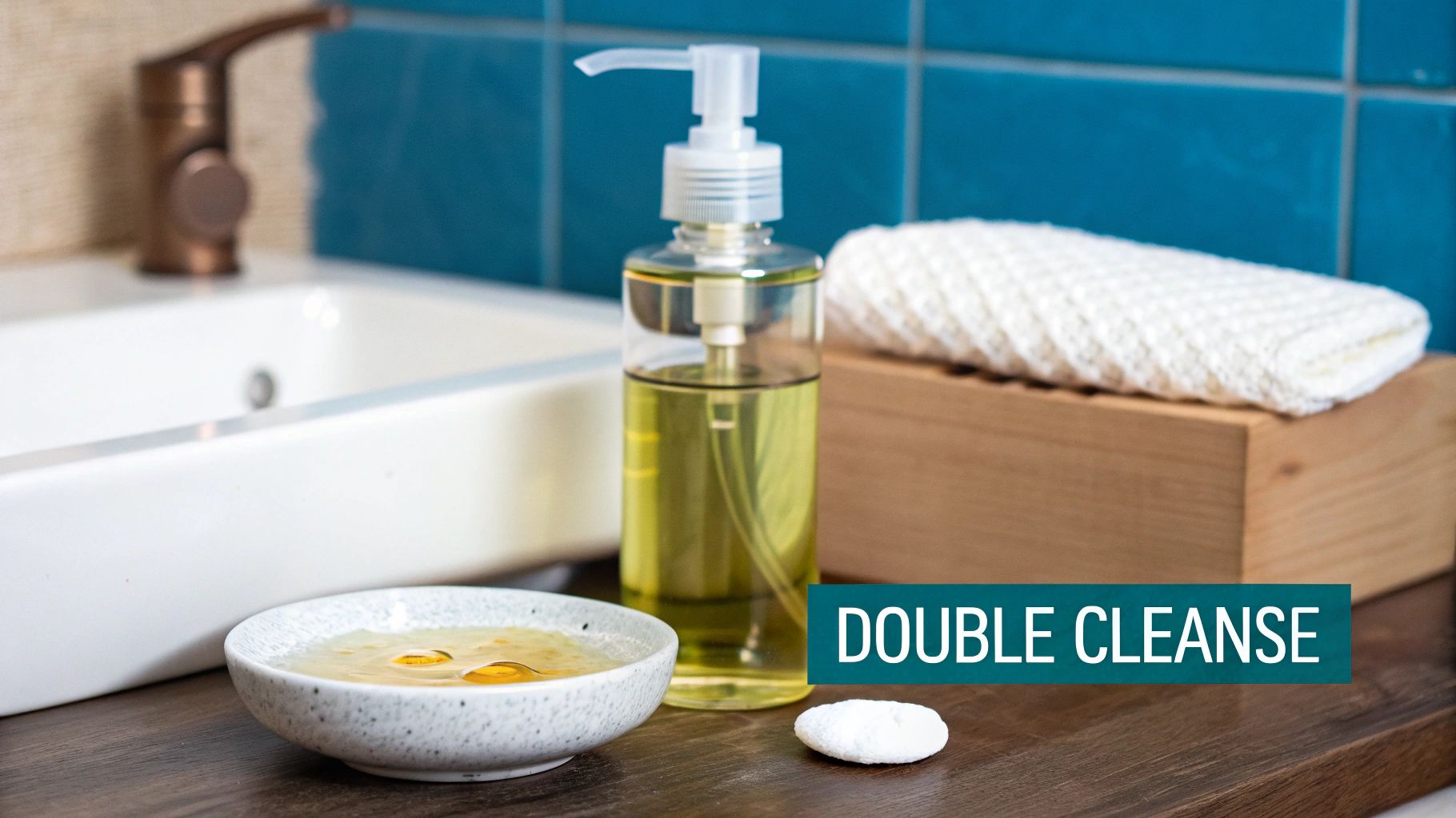 Skincare products for double cleansing, including oil cleanser, liquid in a bowl, and a white pad on a counter.
