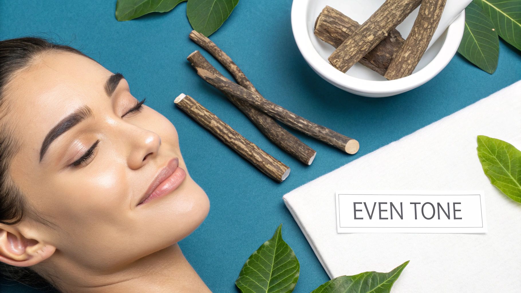 A woman with a bright, clear complexion smiling gently