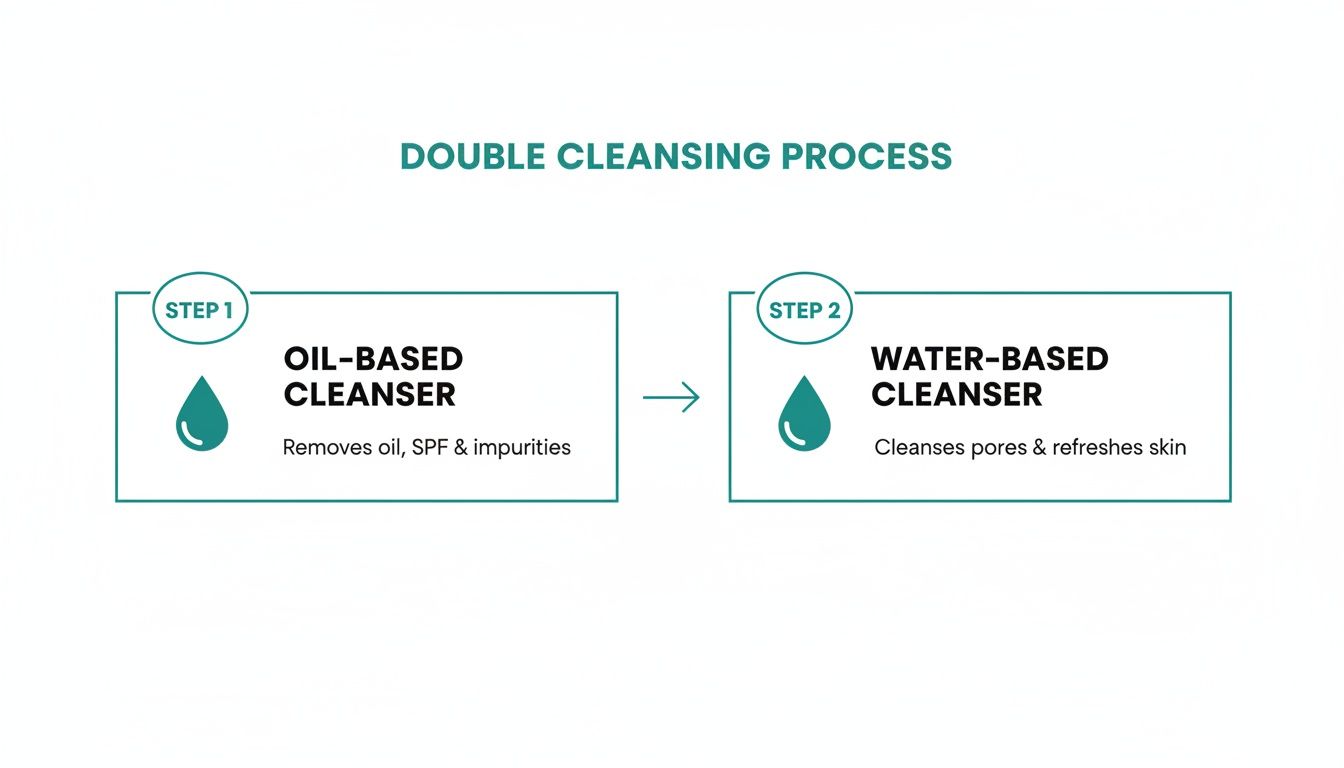 A diagram illustrating the double cleansing process with an oil-based cleanser first, followed by a water-based cleanser.