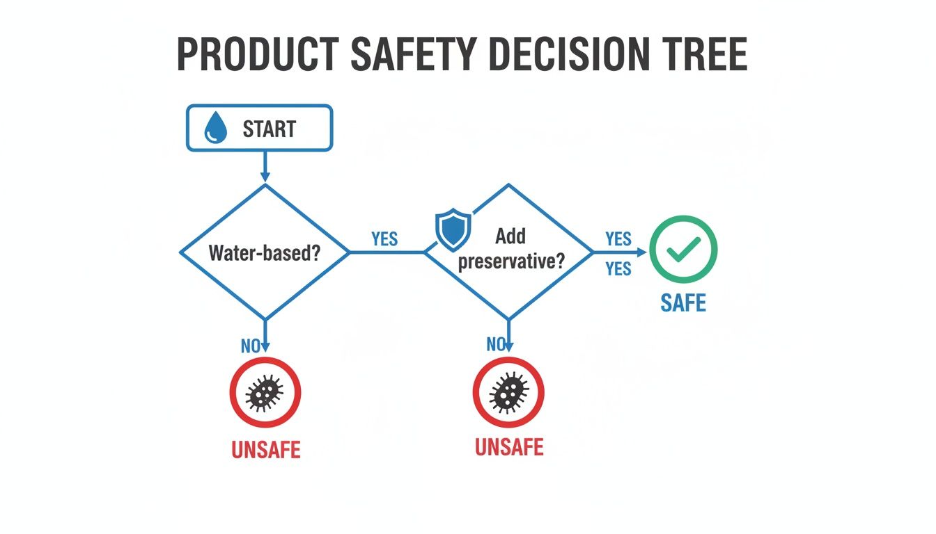Flowchart illustrating a product safety decision tree based on water-based formulation and preservative addition.