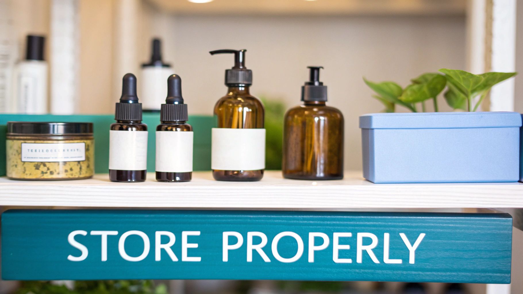 A shelf displays amber glass bottles with droppers and pumps, a jar, and a blue planter with plants.