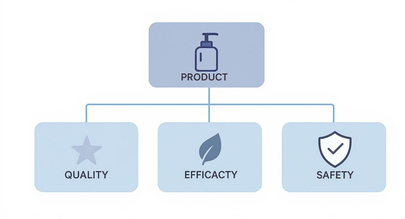 Diagram illustrating key product attributes: quality, efficacy, and safety, represented by icons.