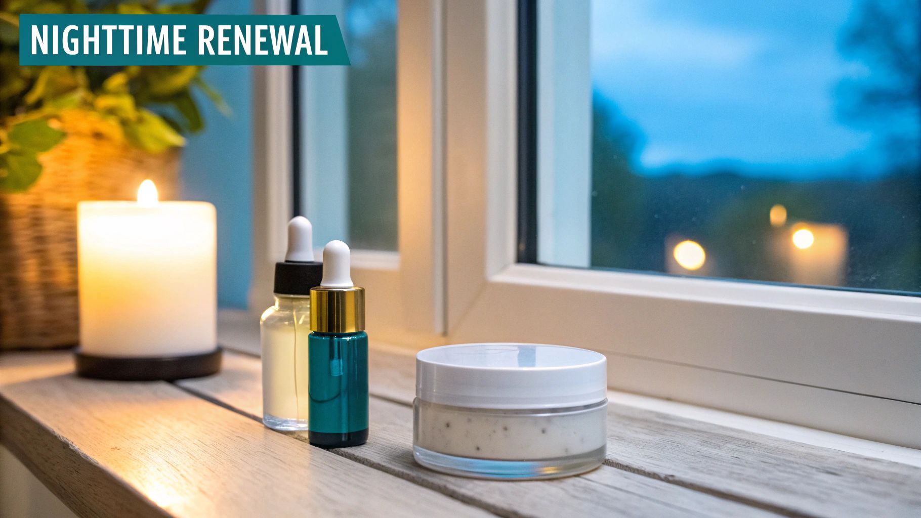 Skincare products and a lit candle on a wooden window sill at dusk, promoting nighttime renewal.