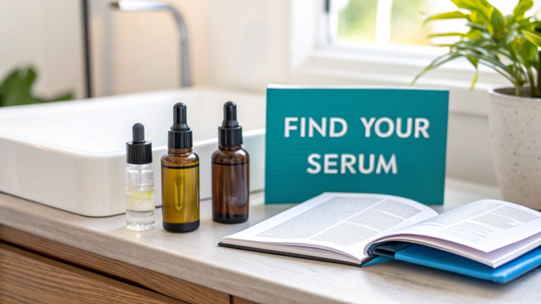 Three bottles of serum on a counter with a 'FIND YOUR SERUM' sign, an open book, and a plant.