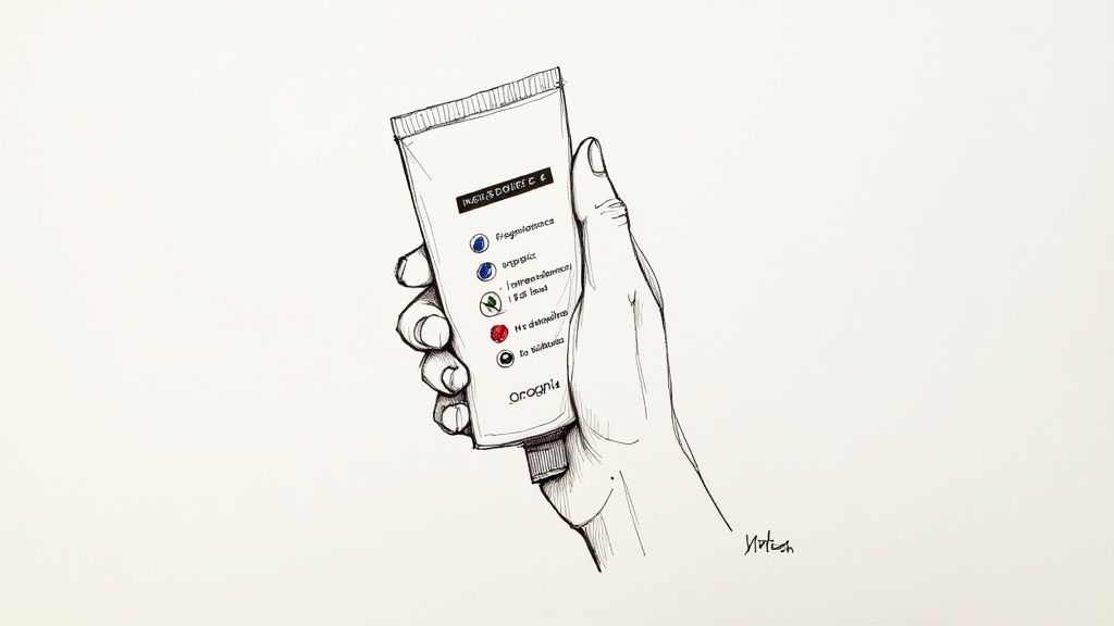 A person closely examining the ingredient label on a skincare bottle.