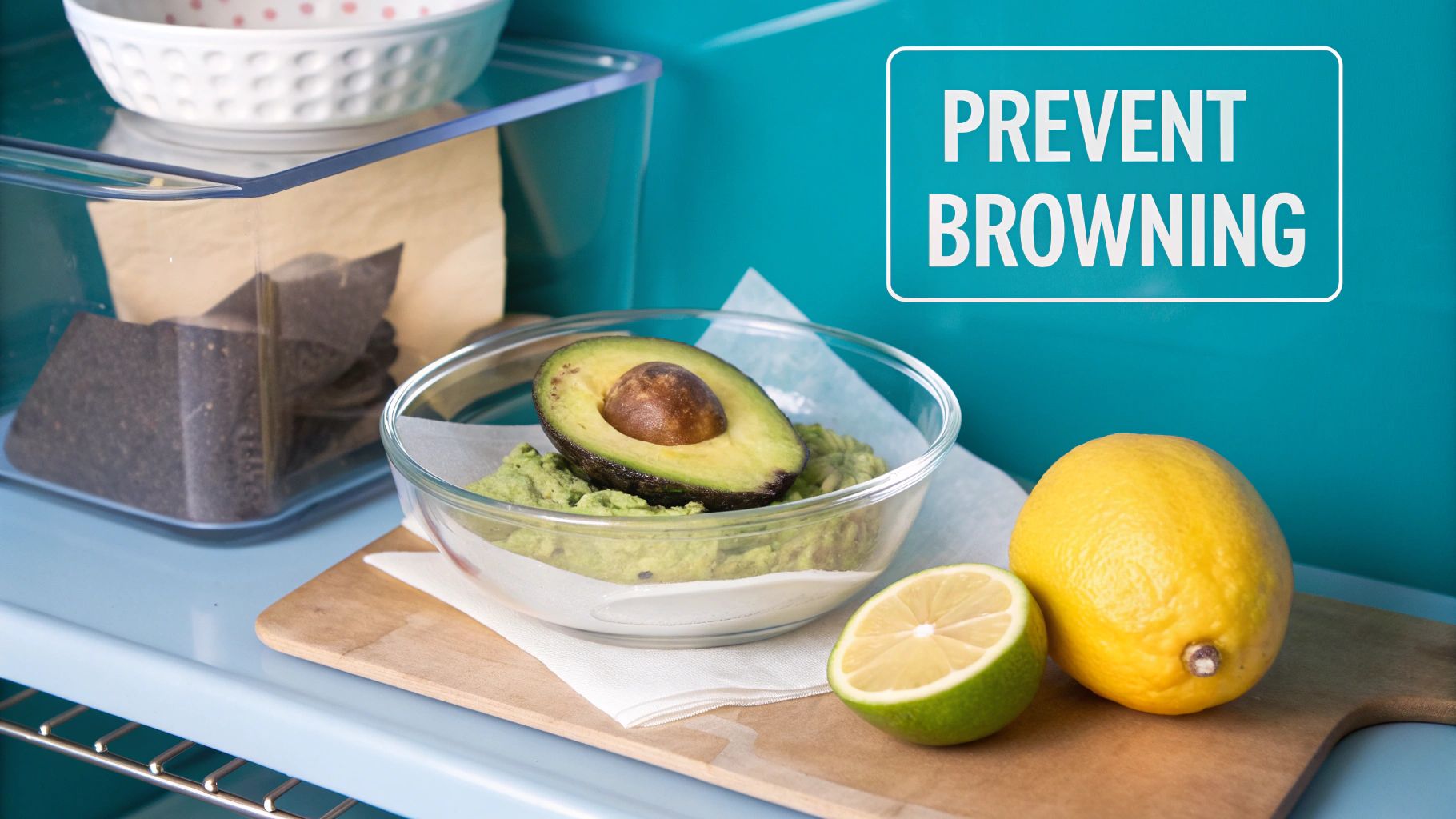 A glass jar of freshly made avocado mask with plastic wrap pressed on the surface, stored in a refrigerator