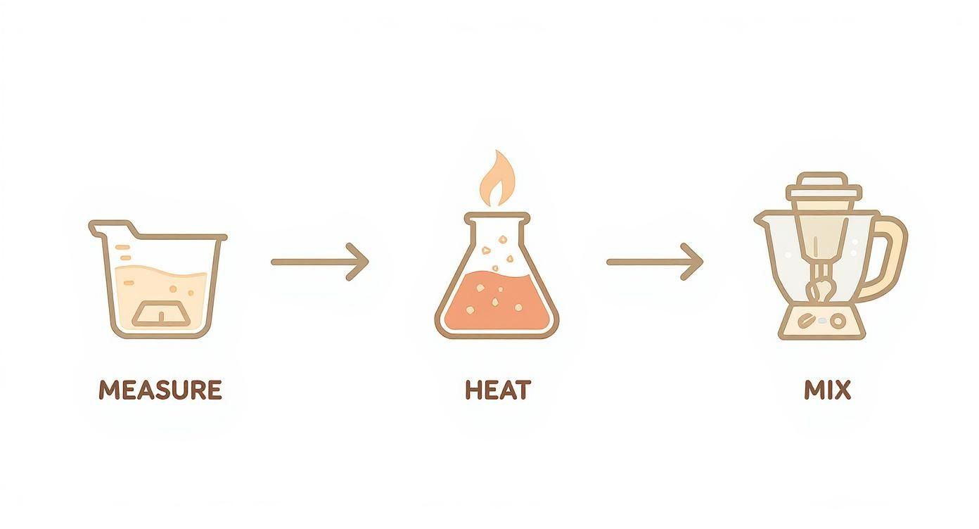 Three-step process illustration showing measure, heat, and mix stages for making homemade body lotion