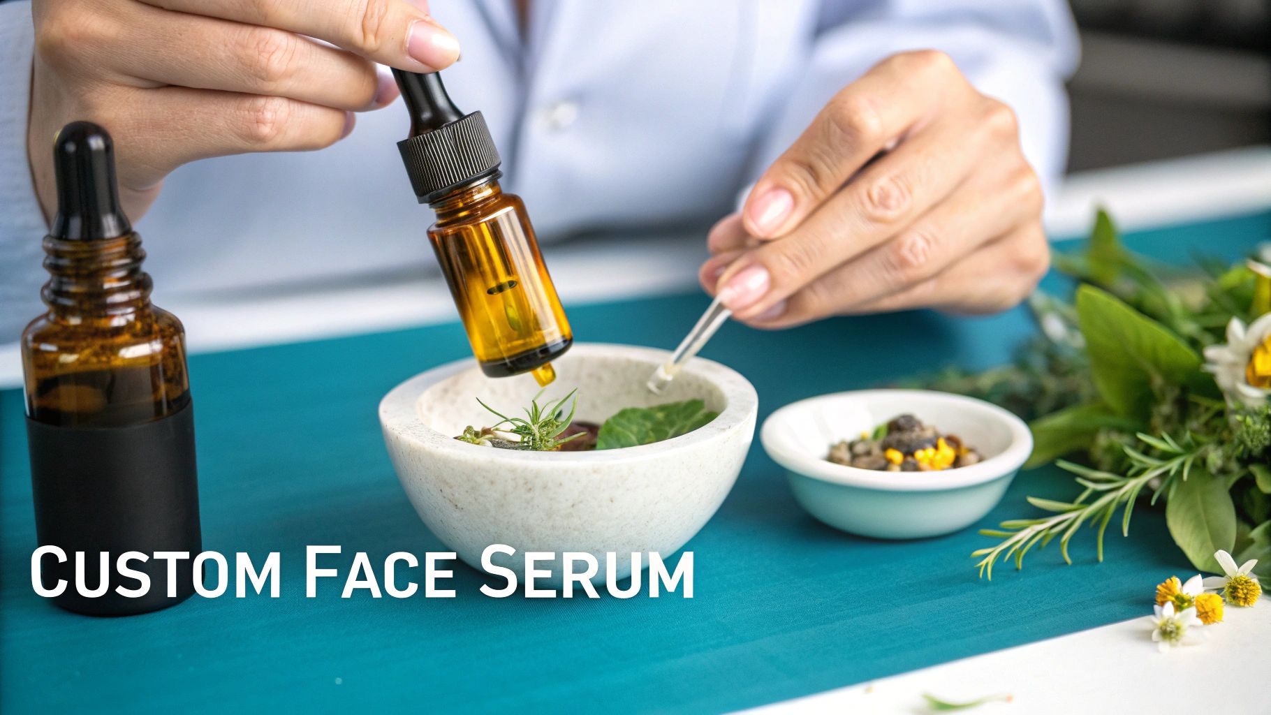 Person creating a custom face serum, dropping liquid into a mortar with fresh herbs and natural ingredients.