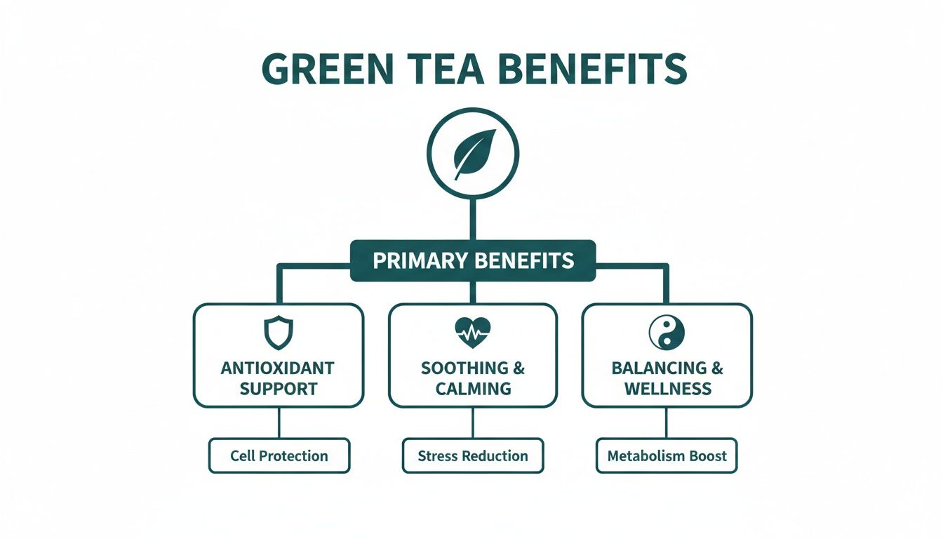 Infographic detailing green tea benefits, including antioxidant support, soothing, calming, and balancing wellness.